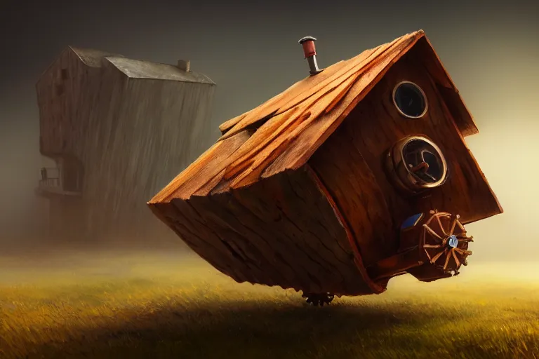 Image similar to a walking wood house with two mechanical legs, rust, hyperrealistic, highly detailed, cinematic, single ray of sun, fog, beautiful, cgssociety, artstation, 8 k, oil painting