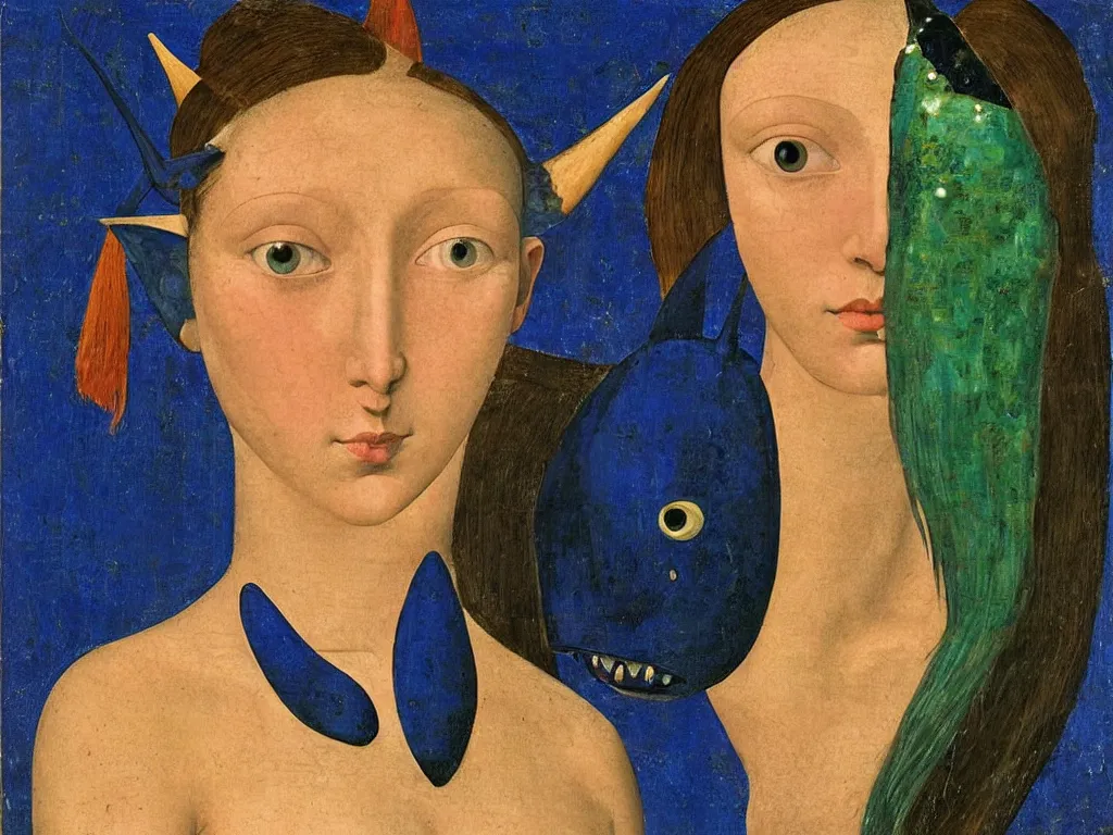 Image similar to portrait of a woman head with close up exotic southern blue devil fish. lapis lazuli, malachite, cinnabar, gold. painting by piero della francesca, balthus, agnes pelton