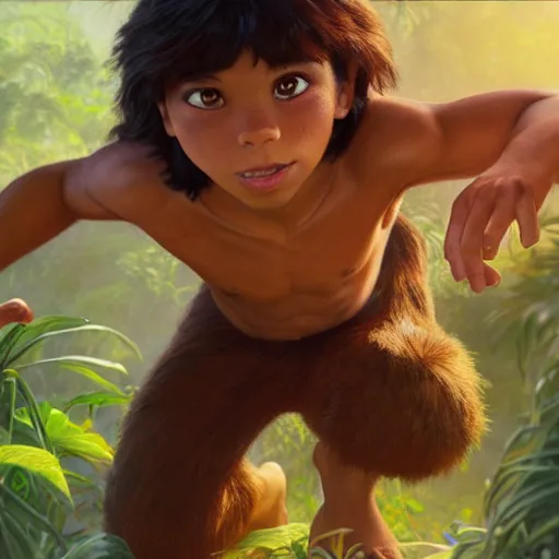 Image similar to skinny young jake t. austin as mowgli from the jungle book, dynamic lighting, path traced, atmospheric, highly detailed, high quality, beautiful painting, octane render, don bluth, ross tran, studio ghibli, alphonse mucha, jama jurabaev, extremely detailed, brush strokes, artstation, artgerm