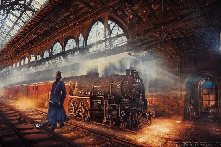 Image similar to some wizard waiting in hogwart train station in quiet dark city, hyper detailed, orange red blue tones dramatic lighting, cgsociety, realistic, hyper detailed, insane details, intricate, dramatic lighting, hypermaximalist, golden ratio, rule of thirds, octane render, weta digital, micro details, ultra wide angle, artstation trending, 8 k,