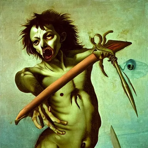 Image similar to painting by caravaggio of a drowned zombie holding a trident with glowing cyan eyes, wearing ragged clothing, holding a trident, underwater, pastel green and blue color palette