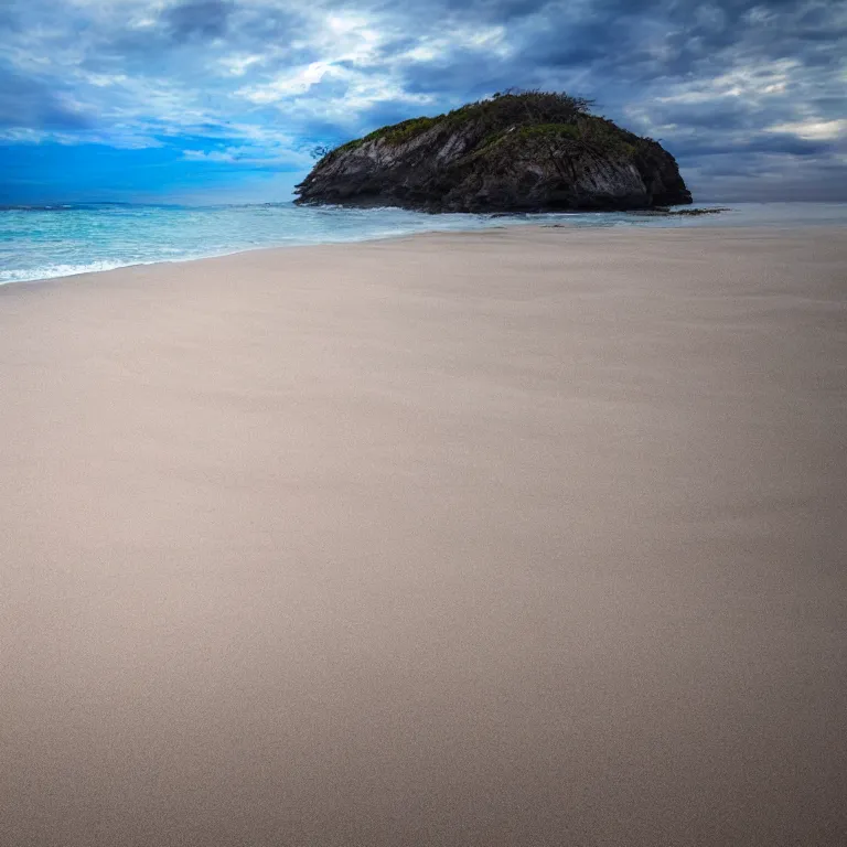 Image similar to surreal hyperrealistic photograph of a beach, shot toward the ocean