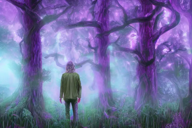 Image similar to Kurt Cobain stands in ancient magical forest, tall purple and pink trees, moonlit, winding path lined with bioluminescent mushrooms, fireflies, pale blue fog, mysterious, eyes in the trees, cinematic lighting, photorealism