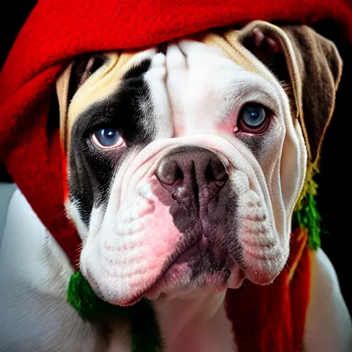 Image similar to portrait of american bulldog as afghan puppy, green eyes and red scarf looking intently, photograph by steve mccurry