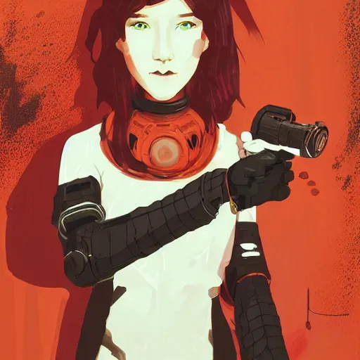 Image similar to Highly detailed portrait of a post-cyberpunk young lady with, freckles and cool hair by Atey Ghailan, by Loish, by Bryan Lee O'Malley, by Cliff Chiang, inspired by image comics, inspired by graphic novel cover art, inspired by nier, inspired by scott pilgrim !! Gradient orange, black and white color scheme ((grafitti tag brick wall background)), trending on artstation