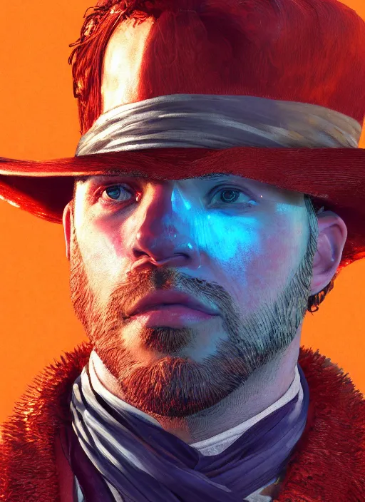 Image similar to glowwave portrait of curly orange hair man from red dead redemption 2, au naturel, hyper detailed, digital art, trending in artstation, cinematic lighting, studio quality, smooth render, unreal engine 5 rendered, octane rendered, art style by klimt and nixeu and ian sprigger and wlop and krenz cushart.