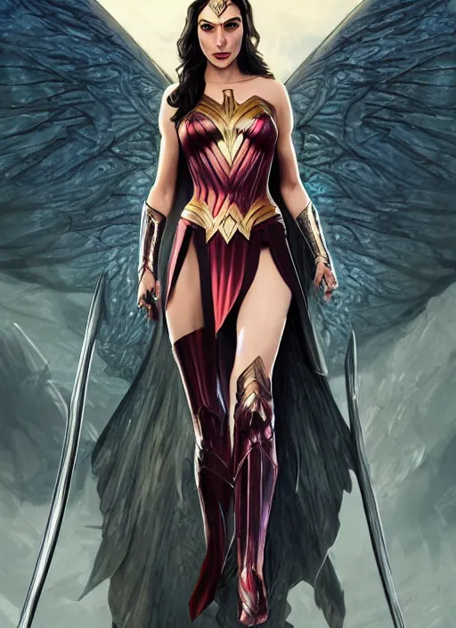 Image similar to Gal Gadot as Hell Lord, full body shot, epic, fantasy, intricate, elegant, volumetric lighting, highly detailed, digital painting, 4k, HDR, concept art, smooth, sharp focus, illustration, art by artgerm and alex ross and alphonse mucha