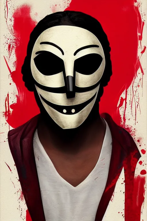 Prompt: random masked guy from the purge movie. pop art, aesthetic art, 8 k, asymmetrical, high details, digital painting, concept art, smooth, beautiful, amazing details, full body perfect, sharp focus, illustration, intricate, art by arstation and mimmo rottela, pixels art by paul robertson