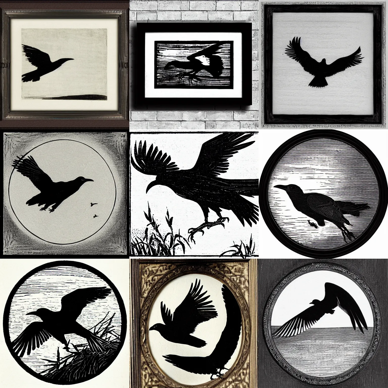 Prompt: tonalist woodcut of crow in flight, monochrome, in circular frame