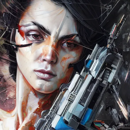 Image similar to a portrait of beautiful, mischievous, young woman by sandra chevrier, detailed render, epic composition, cybernetics, 4 k realistic, cryengine, realistic shaded lighting, sharp focus, masterpiece, by matteo scalera, gary montalbano, peter elson in the style of the tokyo ghost comic