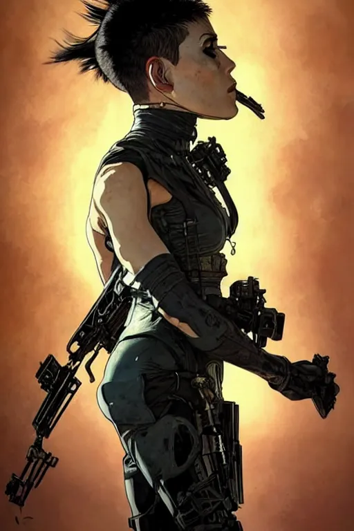 Image similar to gta furiosa as aeon flux profile picture by greg rutkowski, mad max, dynamic pose, intricate, futuristic, fantasy, elegant, by stanley artgerm lau, greg rutkowski, thomas kindkade, alphonse mucha, loish, norman rockwell, fantasy lut, asymmetric, long hair, retro computer graphics, video game, fluid lines,