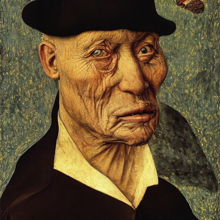 Image similar to close up portrait of a dying old man with moth. night with stars. jan van eyck