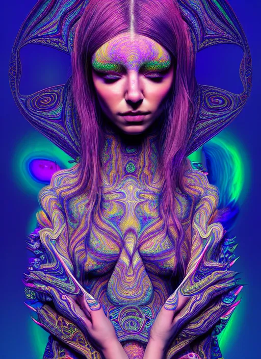 Prompt: absurdly beautiful, fashionable young woman, fourth dimension, psychedellic, ayahausca, tryptamine, hyperdetailed illustration by irakli nadar and alexandre ferra, intricate linework, unreal engine 5 highly rendered, global illumination, radiant light, detailed and intricate environment