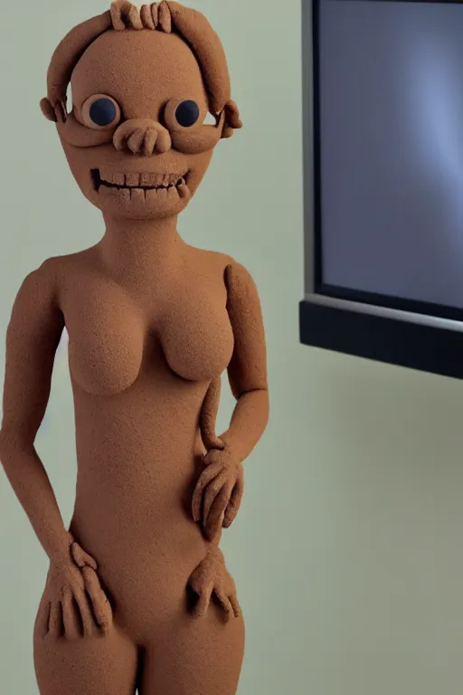 Image similar to A clay monster is standing in front of TV and making a head by copying female model's appearance in the TV screen which shows her standing image, highly detailed,