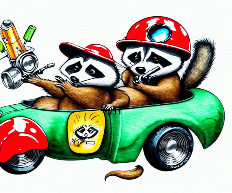 Prompt: cute and funny, racoon smoking wearing a helmet riding in a tiny hot rod coupe with oversized engine, ratfink style by ed roth, centered award winning watercolor pen illustration, isometric illustration by chihiro iwasaki, edited by range murata
