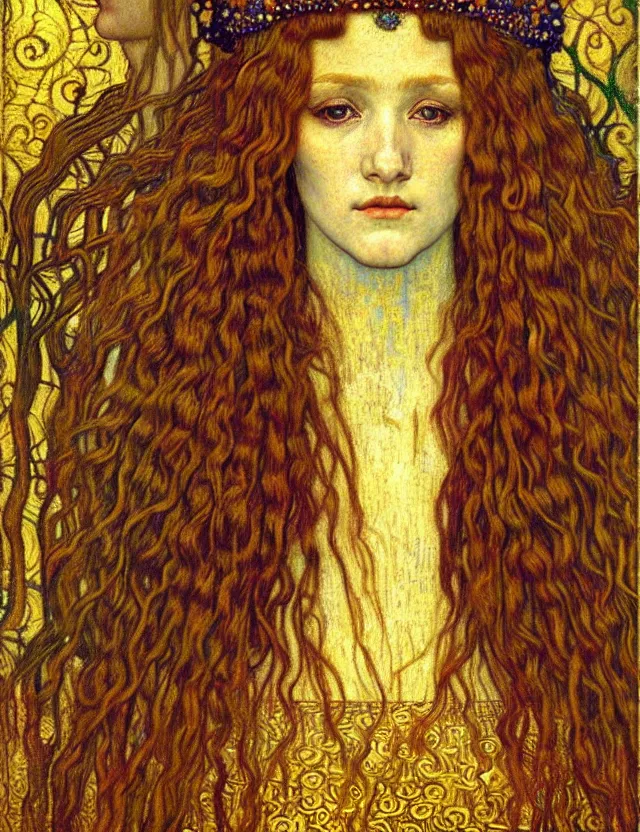 Image similar to detailed realistic beautiful young medieval queen face portrait by jean delville, gustav klimt and vincent van gogh, art nouveau, symbolist, visionary, gothic, pre - raphaelite, muted earthy colors, desaturated