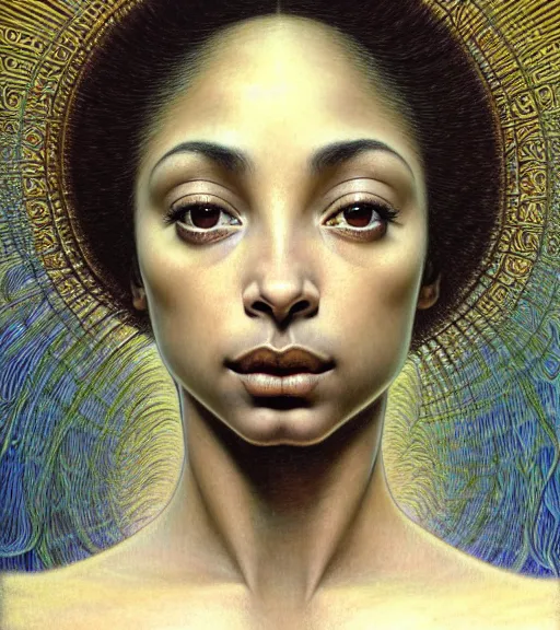 Image similar to detailed realistic beautiful young sade adu face portrait by jean delville, gustave dore and marco mazzoni, art nouveau, symbolist, visionary, ornate, baroque, intricate fractal, maximalism. horizontal symmetry by zdzisław beksinski, iris van herpen, raymond swanland and alphonse mucha. highly detailed, hyper - real, beautiful