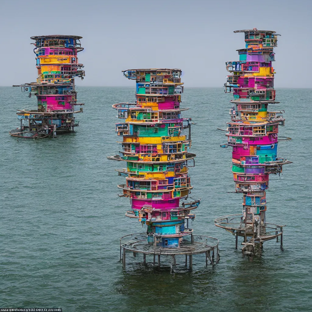 Image similar to a circular tower, made up of colourful makeshift squatter shacks suspended over water, dystopia, sony a 7 r 3, f 1 1, fully frontal view, ultra detailed, photographed by hiroshi sugimoto,