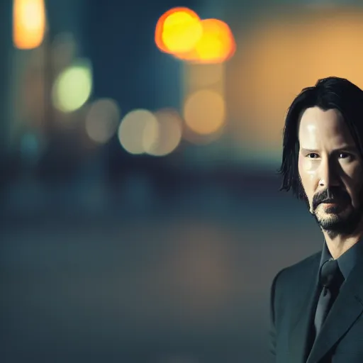 Image similar to a still of Keanu Reeves. Shallow depth of field. City at night in background, lights, colors ,studio lighting, mood, 4K. Profession photography