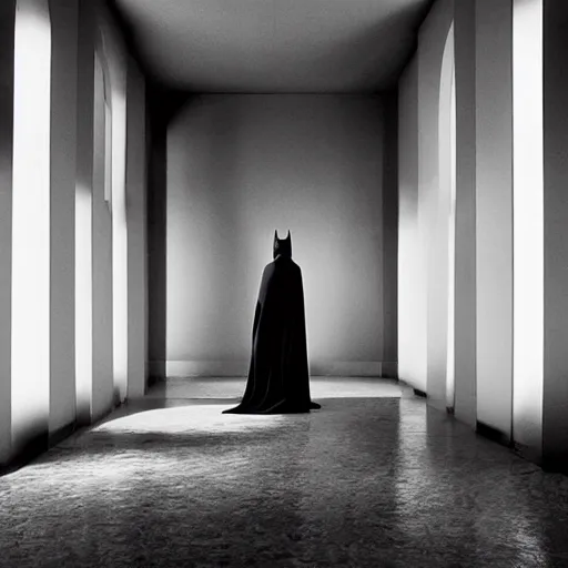 Image similar to Batman standing in giant Italian modern castle living room, clean minimalist design, that is 1300 feet tall, with very tall giant walls filled with modern art paintings, doors that are cosmic portals, photo by Annie Leibovitz