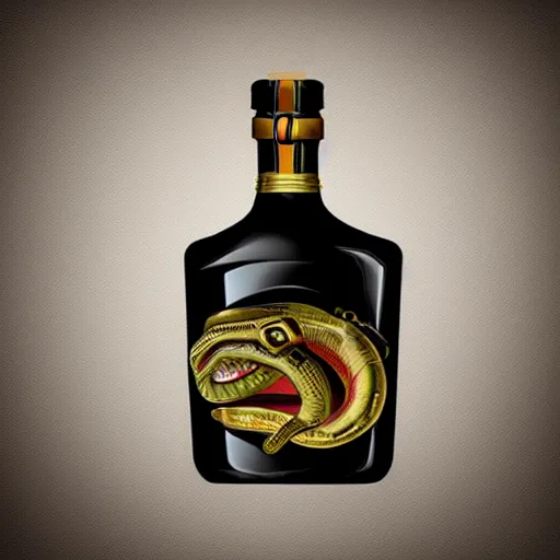 Prompt: bottle of italian liqueur with the face of a python as a logo, photorealistic, style of a court sketch