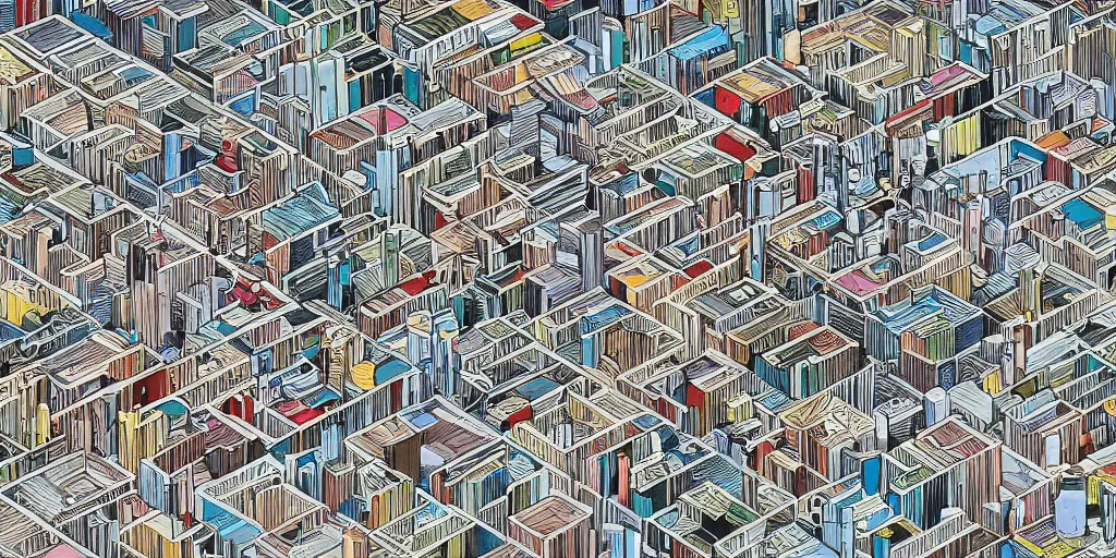 Prompt: an isometric view of a city made of cassettes painted by kim jung gi, moebius and aaron horkey, rectilinear, trending on artstation