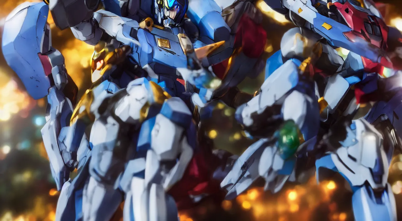 Image similar to medium close up view, Gundam,Guyver,colourful,bokeh,blur,cinematic lighting