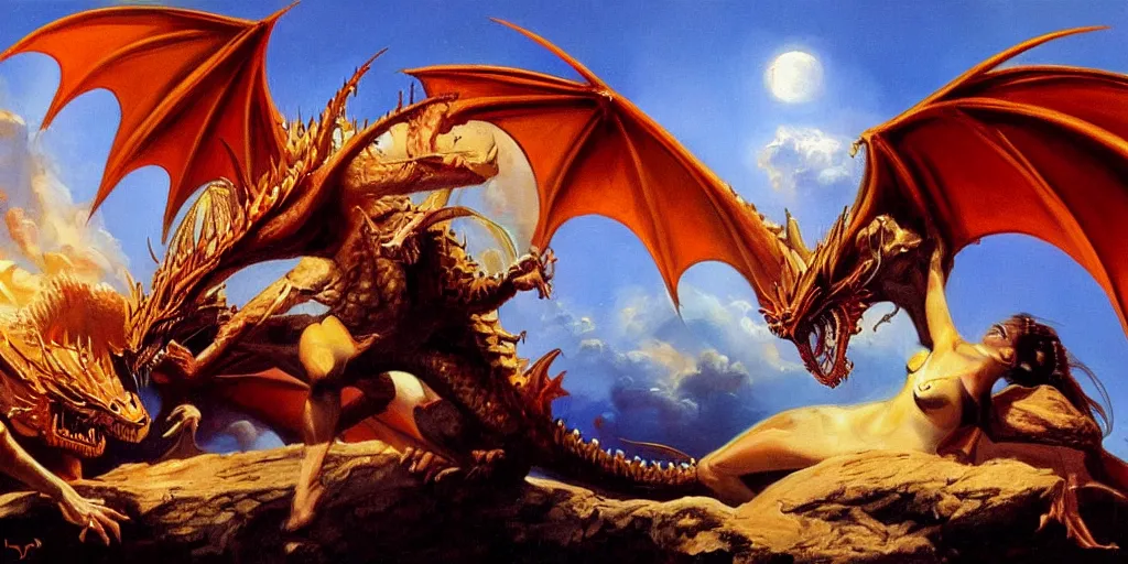 Prompt: boris Vallejo painting of a dragon and a witch