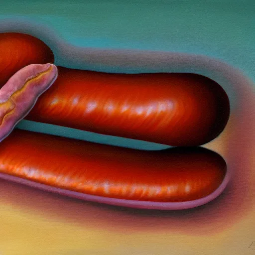 Image similar to surreal painting of a fish morphing into a sausage