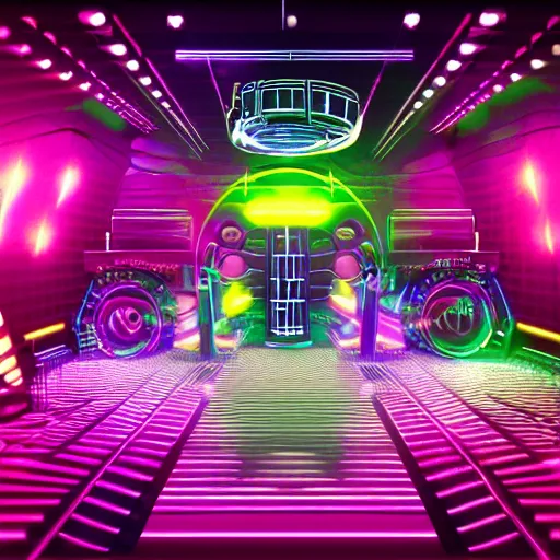 Image similar to techno music club for futuristic robots, rave, led lights, very detailed