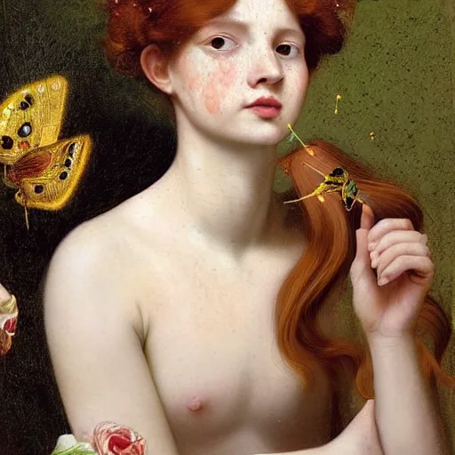 Image similar to a highly detailed, hyper realistic portrait with torso of a red haired young woman, white romantic dress with intricate details, among golden fireflies, long hair, green eyes, hint of freckles, round gentle face, cheeky smile, deep focus, elegant, smooth, sharp, golden ratio, digital painting, art by artemisia lomi gentileschi and caravaggio