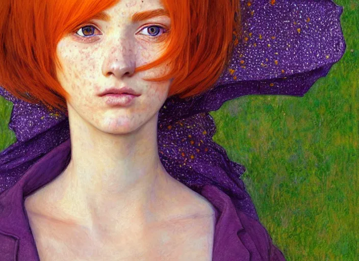 Image similar to portrait Girl with orange hair and freckles, green eyes fine face pretty face, realistic shaded Perfect face, purple background, fine details , fine details. Anime, by Ilya Kuvshinov and Gustav Klimt