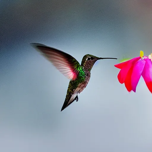 Prompt: a hummingbird finding a beautiful flower, entrapped in ice, only snow in the background, beautiful macro photography, warm ambient light