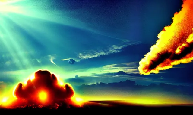 Image similar to nuclear explosion, few sun rays, wallpaper, award winning photo, hd, high detailed