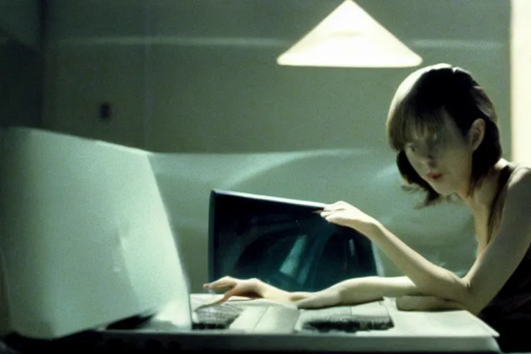 Image similar to alien using a computer to check her email submerged in translucent goo, over the shoulder perspective, in 1 9 8 5, y 2 k cybercore, industrial low - light photography, still from a kiyoshi kurosawa movie