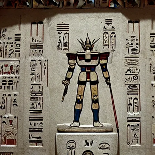 Image similar to photo of a gundam inscribed on the wall of a tomb in egypt, historical, artifact, marble, stone, national geographic, relic