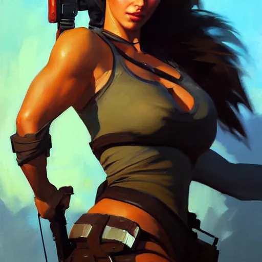 Prompt: Greg Manchess portrait painting of Lara Croft as Overwatch character, medium shot, asymmetrical, profile picture, Organic Painting, sunny day, Matte Painting, bold shapes, hard edges, street art, trending on artstation, by Huang Guangjian and Gil Elvgren and Sachin Teng