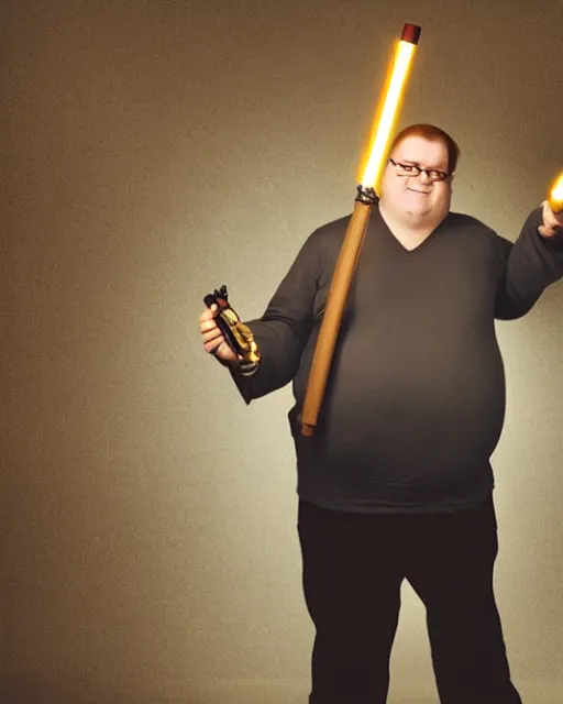 Image similar to Studio Photograph of a real life Peter Griffin from Family Guy dressed as Han Solo and Holding a glowing light saber in the Style of Annie Leibovitz,