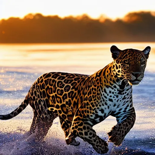 Prompt: a jaguar crosses a river, national geographic style, award winning, golden hour