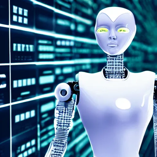 Image similar to A robot woman guarding a wall of computers