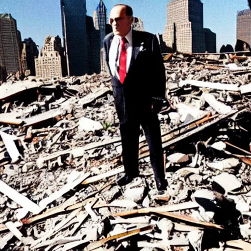 Prompt: crt surveillence footage of Rudy Giuliani wearing a bdsm outfit squatting on top of the world trade center rubble pile in ny