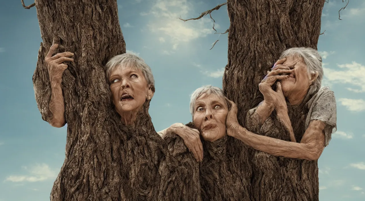 Image similar to 65-year-old woman merged with a tree, crying one single tear, facing the camera and sitting on a dried up river in a desolate land, blue sky, hot and sunny, highly-detailed, elegant, dramatic lighting, artstation, 4k, cinematic landscape, photograph by Elisabeth Gadd