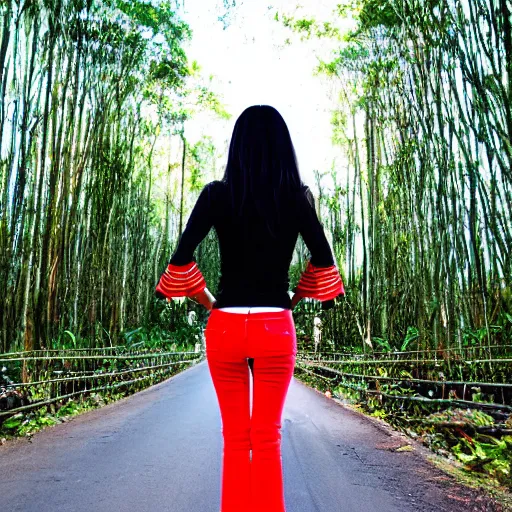 Prompt: kena bridge of spirits, hispanic girl using tight white and red raglan sleeves, tight blue jeans and cool shoes, silky long black hair with bangs in a tropical forest n - 9