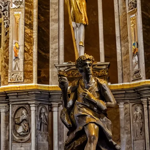 Prompt: a statue of a muppet in St Peter's Basilica, Vatican, soft sunlight dappling on it, ornate architecture, award-winning photo