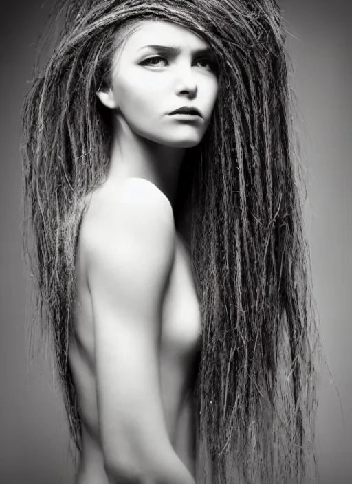 Image similar to a dramatic photo of a woman with hair made of roots. moody and melanchonic