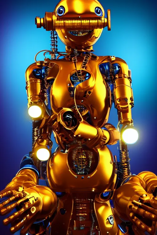 Image similar to portrait photo of a giant huge golden and blue metal humanoid steampunk robot female singer with a human face and gears and tubes, in the foreground is a big red glowing microphone, eyes are glowing red lightbulbs, shiny crisp finish, 3 d render, 8 k, insaneley detailed, fluorescent colors, background is multicolored lasershow