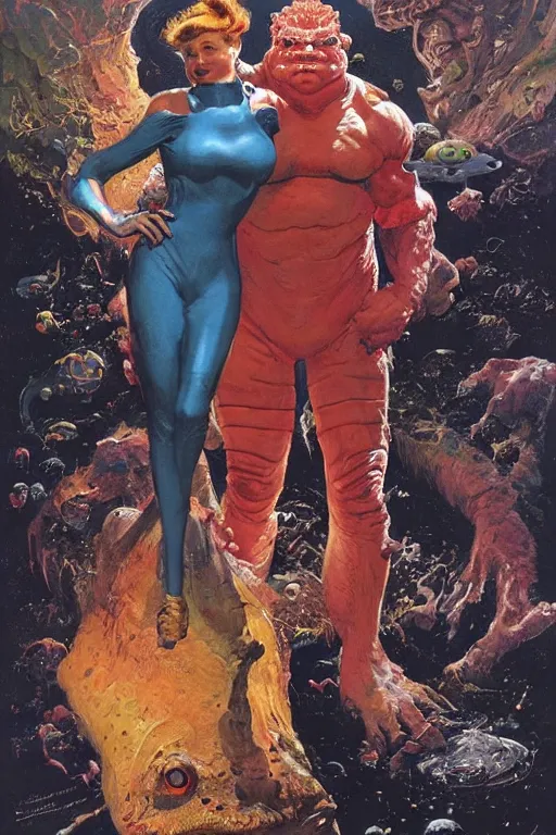 Image similar to full body portrait of brock lesnar as amphibian demon standing beside elegant space woman in latex spacesuit, by norman rockwell, jack kirby, jon berkey, earle bergey, craig mullins, ruan jia, jeremy mann, tom lovell, marvel, astounding stories, 5 0 s pulp illustration, scifi, fantasy, artstation creature concept