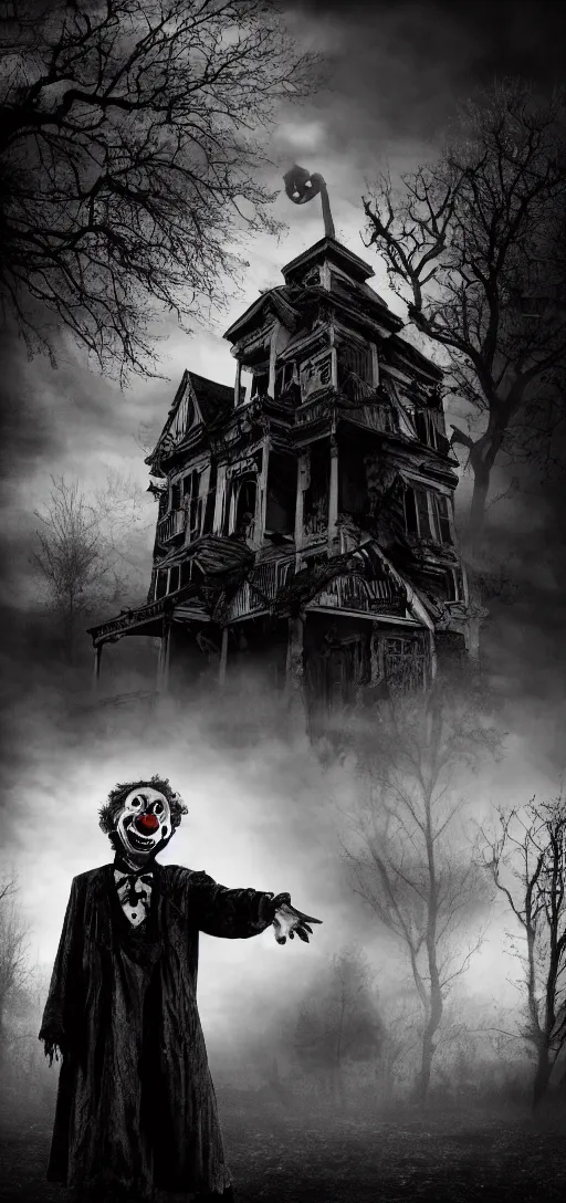 Prompt: apocalipse haunted house with a clown smiling at the window, black and white, darkness, 4 k