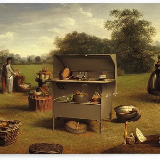 Prompt: a tidy outdoor kitchen on a field by aertsen pieter