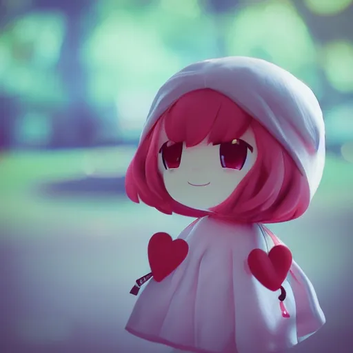 Prompt: cute fumo plush of a girl with a big heart, stylized pbr, subsurface scattering, outline glow, tonemapping, blob anime, bokeh, vray